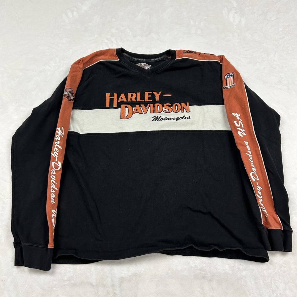 Harley Davidson Long Sleeve Shirt Mens 2XL Black Orange Colorblock Graphic Tee